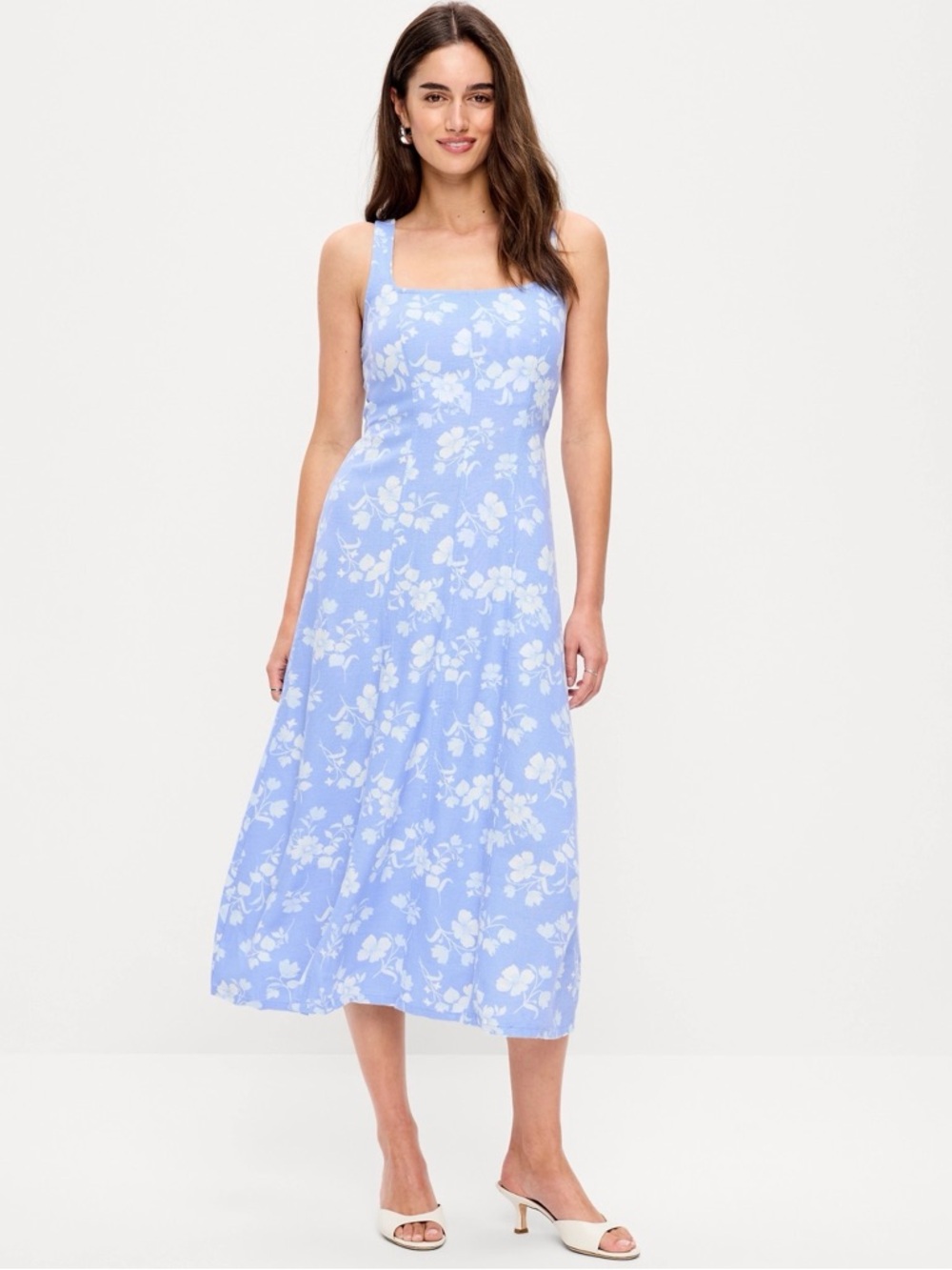 Old Navy Fit & Flare Sleeveless Linen-Blend Midi Blue Floral Dress Women’s Med - Picture 6 of 6